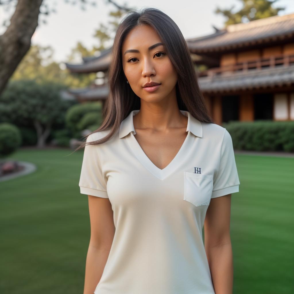  (((realistic full torso frontal head shot of a light tan skin tone woman))), eri mana fujita, ((japanese heritage)), immature face, green eye color, ((long hair style)), (( hair color)), ((skinny body type)), medium size, athletic size, (immature broad flat nose), (immature rounded cheeks), (immature soft jawline), (immature full lips), (immature prominent forehead), (immature even eyebrows), (immature slightly rounded chin), standing straight looking directly into the camera,((wearing fitted polo shirt with deep v neck and monogrammed pocket)), backyard in background, 1, best quality, highest quality, award winning photo, masterpiece, raw, professional photography, photorealism, sharp focus, cinematic, high res hyperrealistic, full body, detailed clothing, highly detailed, cinematic lighting, stunningly beautiful, intricate, sharp focus, f/1. 8, 85mm, (centered image composition), (professionally color graded), ((bright soft diffused light)), volumetric fog, trending on instagram, trending on tumblr, HDR 4K, 8K