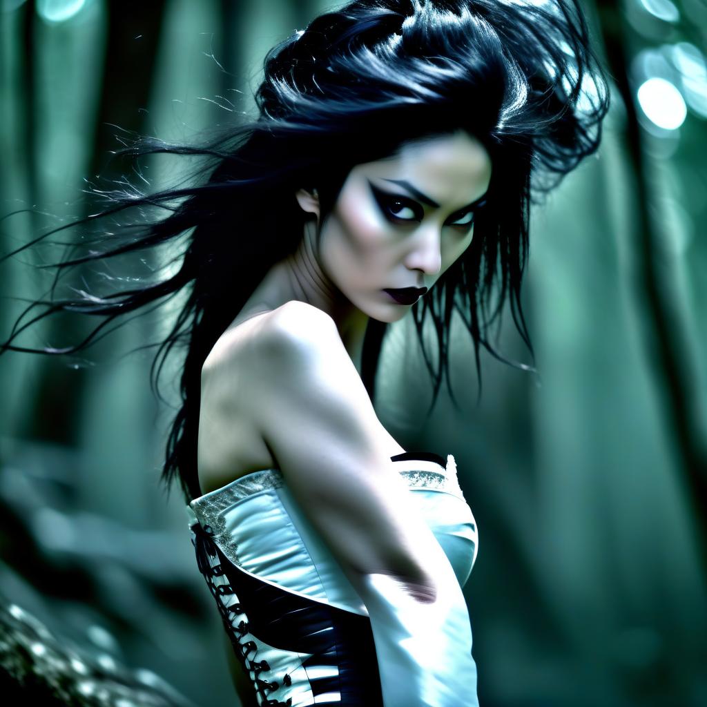  macabre style film actress fei ren in the form of the queen of elves of a thief fighter with black hair, in full growth in a corset and in a variety of lush long white leather skirts with linings. in the dark woods. . dark, gothic, grim, haunting, highly detailed, perfecteyes, perfect hands