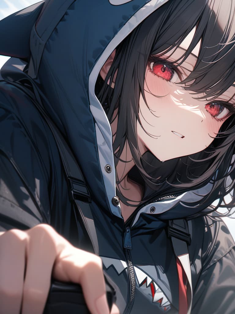  black hair, red eye, bob, black mask, shark hoodies, masks are lowered under the chin, sharksparker, shark hoodie, masterpiece, best quality,8k,ultra detailed,high resolution,an extremely delicate and beautiful,hyper detail