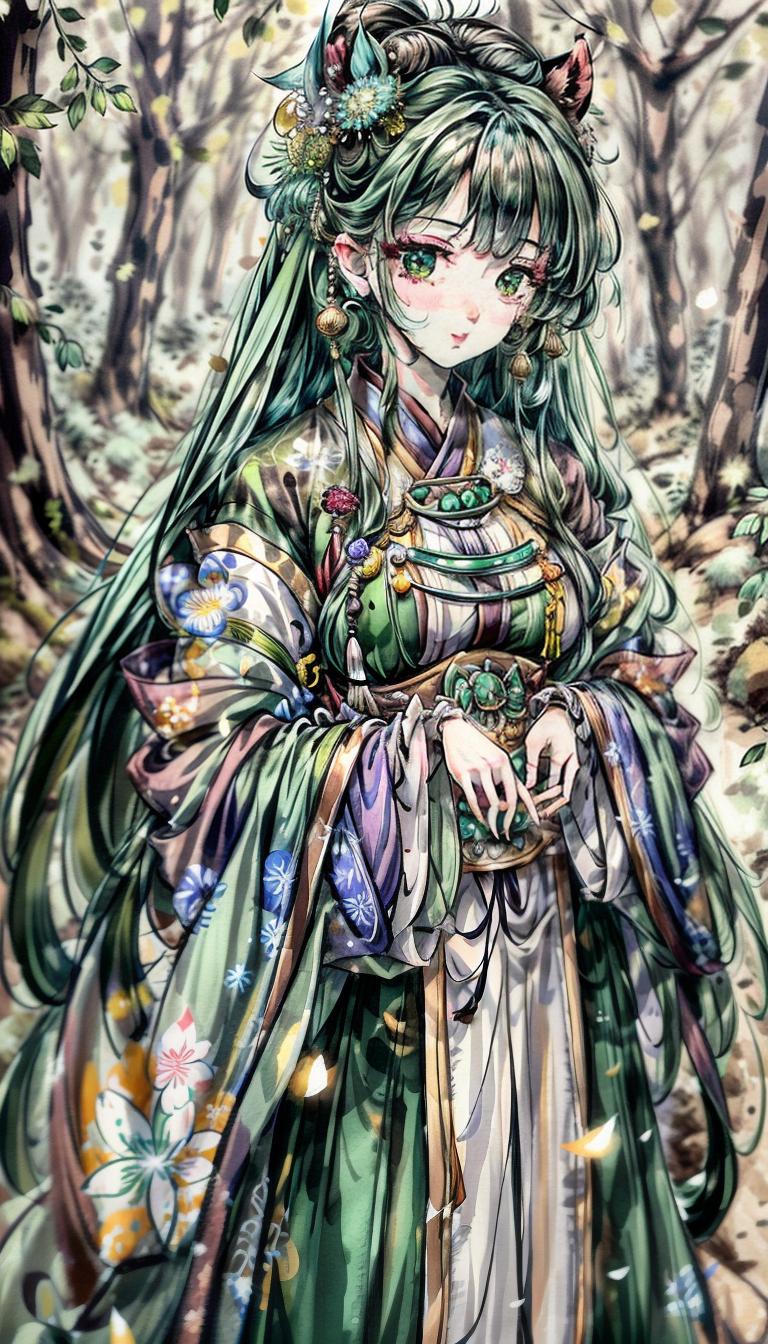  shukezouma, negative space, , shuimobysim ,traditional chinese ink painting， the girl with emerald green hair and green eyes, drawn in anime style, happily stands in the dense forest hyperrealistic, full body, detailed clothing, highly detailed, cinematic lighting, stunningly beautiful, intricate, sharp focus, f/1. 8, 85mm, (centered image composition), (professionally color graded), ((bright soft diffused light)), volumetric fog, trending on instagram, trending on tumblr, HDR 4K, 8K