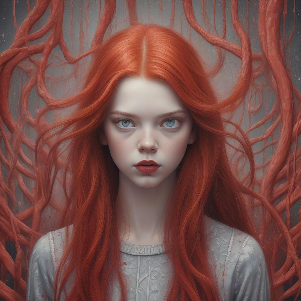  hyperrealistic art gouache paint painting of a red head anya taylor joy, pastel goth color, dreamy, surrealism, abstract painted background with gouache paint strokes, intricate details, 3d rendering, octane rendering . nicoletta ceccoli style, virgil finlay, tsubaki nekoi, vasanti unka, hiroshi masumura, chiho saito, . extremely high resolution details, photographic, realism pushed to extreme, fine texture, incredibly lifelike