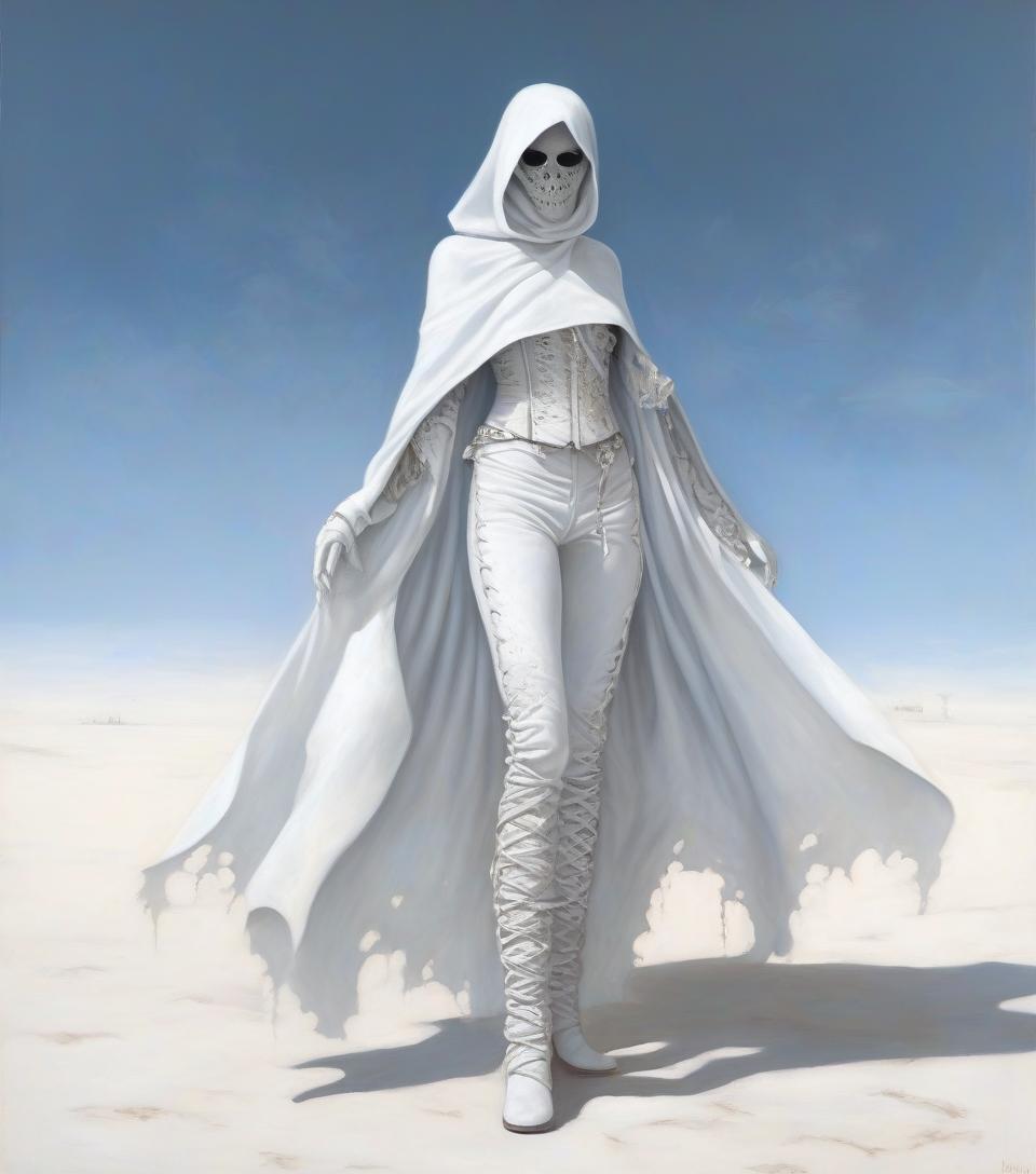  macabre style dark fantasy. a very thin girl in a white scarf on her face, in a leather white openwork corset, in leather pants, in white wrists, in white gloves, in a leaky openwork cloak. white belt with buckle on the right thigh. . dark, gothic, grim, haunting, highly detailed, hkmagic, oil painting