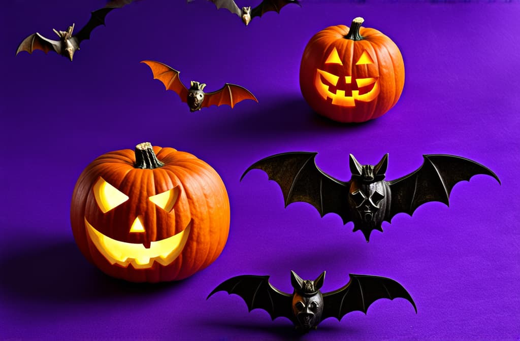  professional detailed photography, carved pumpkins and bats on a vibrant purple backdrop for halloween fun! ar 3:2, (muted colors, dim colors, soothing tones), (vsco:0.3)