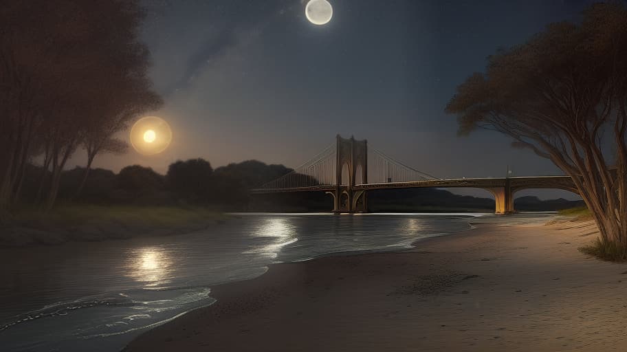  a sandy riverbank, a tent on the shore, a moonlight path on the water, a bridge across the river in the distance