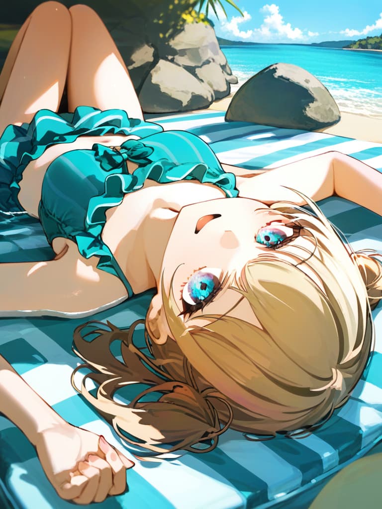  ultra detailed:1.2,masterpiece:1.2,best quality,masterpiece,bestquality,hdr:1.1,8k:1.1,very cute girl:1.3,(aqua color,frill ,swimwear:1.6),(lying,at striped float bed on sea:1.8) ,smile:1.4 ,(blonde hair,twin tail,drill hair:1.3) ,(on the sea:1.7),upper body:1.3,dutch angel:1.5,open mouth,(upside down:1.7)(from above:1.1)((eyes highlight:1.1))