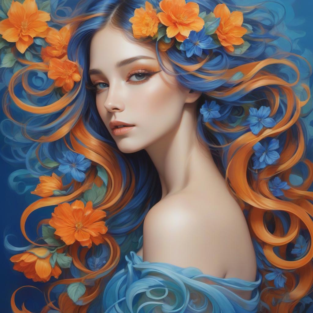  a vibrant artwork of a woman with flower adorned, flowing hair, showcasing rich blues and oranges against a serene backdrop. a stylized portrait of a young woman in profile, featuring flowing, colorful hair intertwined with vibrant flowers and swirling patterns. the color palette includes shades of blue, orange, and green, creating a harmonious blend. the background is soft and gradient, suggesting a serene atmosphere, reminiscent of a beach scene. the woman's expression is peaceful, highlighting her delicate features and bold eye makeup.