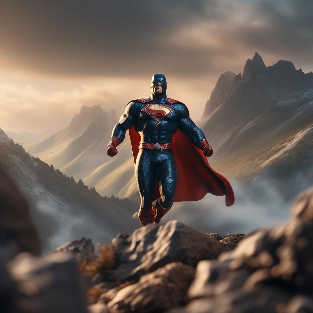  a superhero in a mountain range cartoon highly detailed, cinematic lighting, stunningly beautiful, intricate, sharp focus, f/1. 8, 85mm, (centered image composition), (professionally colour graded), ((bright soft diffused light)), volumetric fog, hdr 4k, 8k