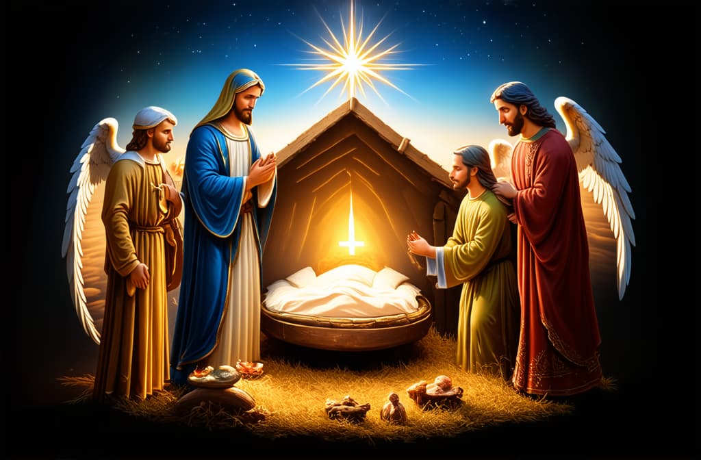  Иллюстрация. the star of bethlehem: nativity scene of jesus birth with mary, joseph and angels. ar 3:2 {prompt}, maximum details