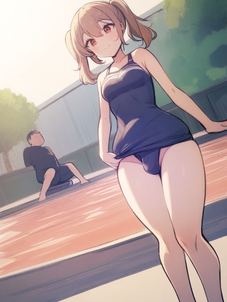  women's elementary students (male), twin tails, cute smiles, (rich s), short stature, dark blue swimwear, old swimwear, swimwear, simple, (bulging), upward, (bulge), front, whole body, pool side, pool side. ,,,