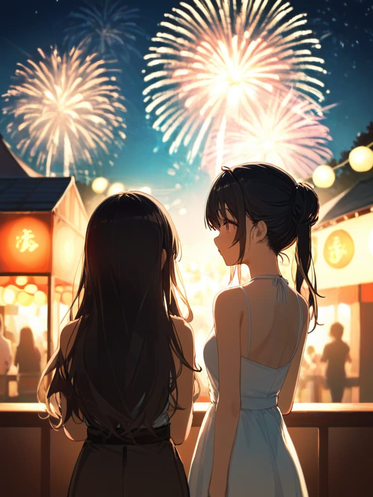  ((summer festival,fireworks,back view: 1.5,watching fireworks,long hair,black hair,white dress,summer festival,watching fireworks))、ultra detailed,best shadow,cute and beautiful face,(masterpiece:1.2),(best quality:1.2),detailed background,high contrast,(best illumination,an extremely delicate and beautiful),((cinematic light)),hyper detail,dramatic light,intricate details,8k,anime,very aesthetic