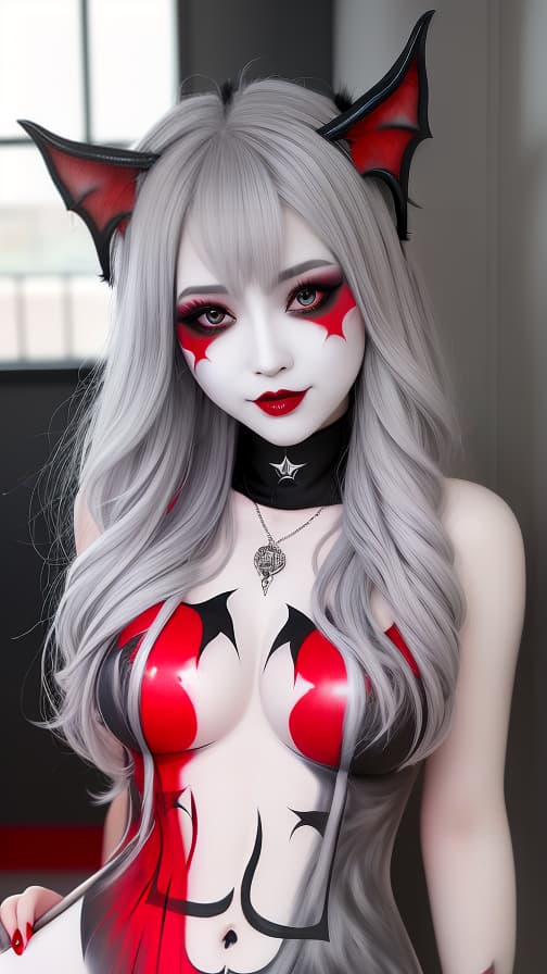  Grey and red bat pattern body paint in every corner of the body,silver body paint all over the body,Grey face paint on the face, Two succubus, full body image 女性