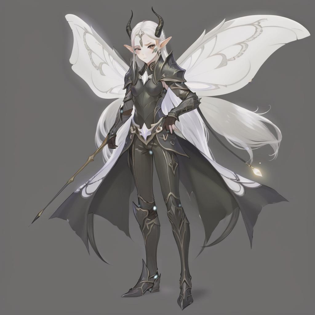  dnd, young , black horns on the head, white skin, white hair, long hair in the tail, white eyelashes, black eye white, white iris, pointed elven ears, white wings of a moth, black leather armor, pearl on the , hkmagic