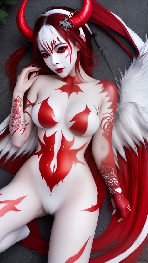  Full body red and silver flame pattern body paint,White body paint on the whole body, White face paint on the face, succubus 女性