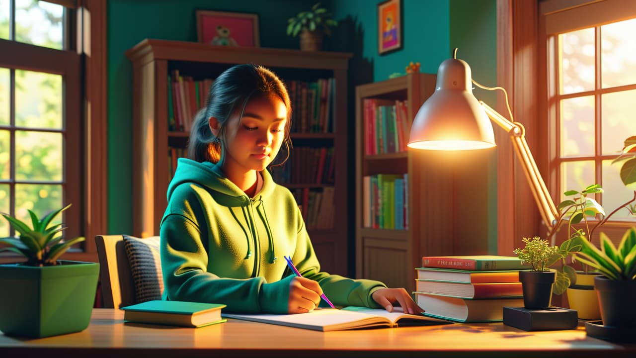  a cozy home study space with a child engaged in online learning, surrounded by colorful educational materials, plants, and a pet. bright sunlight streams through a window, creating a warm, inspiring atmosphere. hyperrealistic, full body, detailed clothing, highly detailed, cinematic lighting, stunningly beautiful, intricate, sharp focus, f/1. 8, 85mm, (centered image composition), (professionally color graded), ((bright soft diffused light)), volumetric fog, trending on instagram, trending on tumblr, HDR 4K, 8K