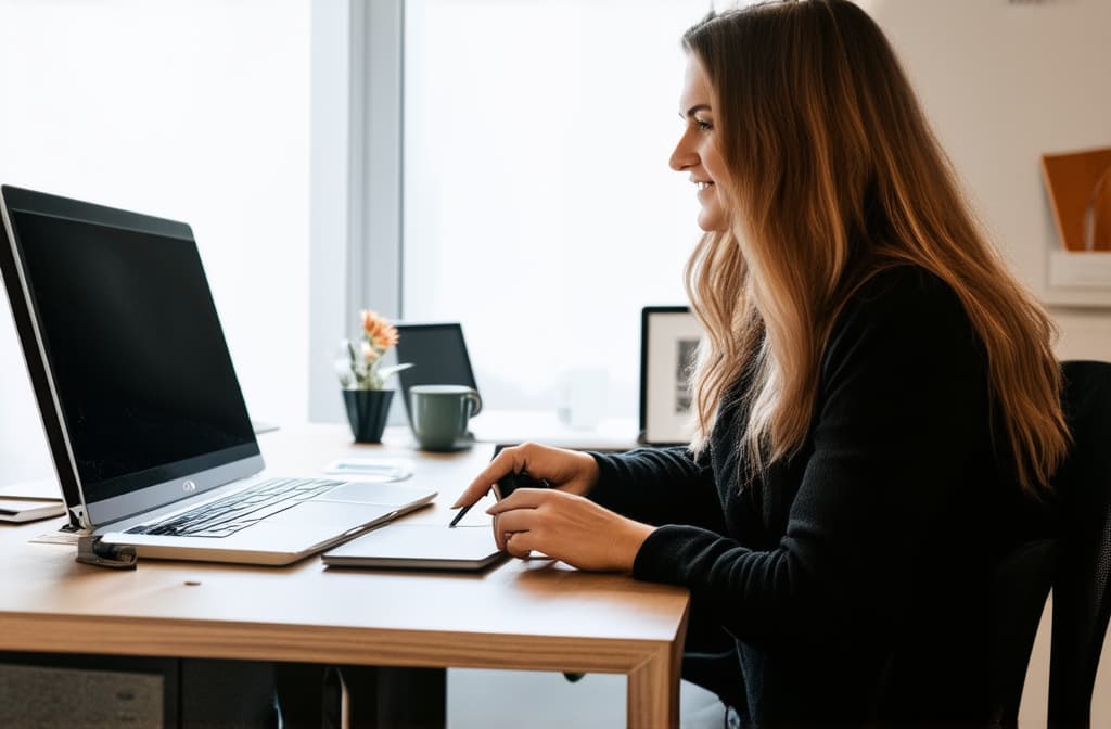  professional detailed photography, work from home woman working at her desk at home. modern home office concept. ar 3:2, (muted colors, dim colors, soothing tones), (vsco:0.3)