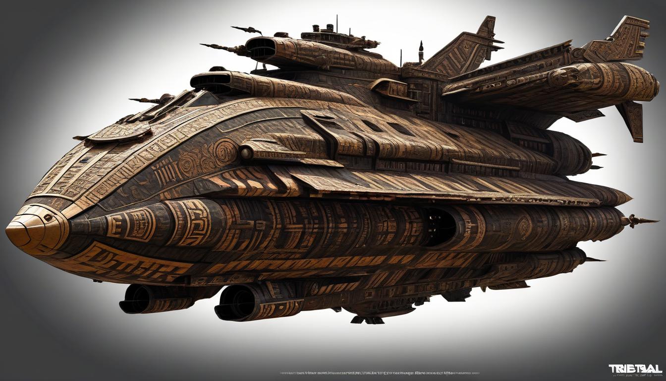  tribal style the in full height, fantastic space fighting ship . indigenous, ethnic, traditional patterns, bold, natural colors, highly detailed