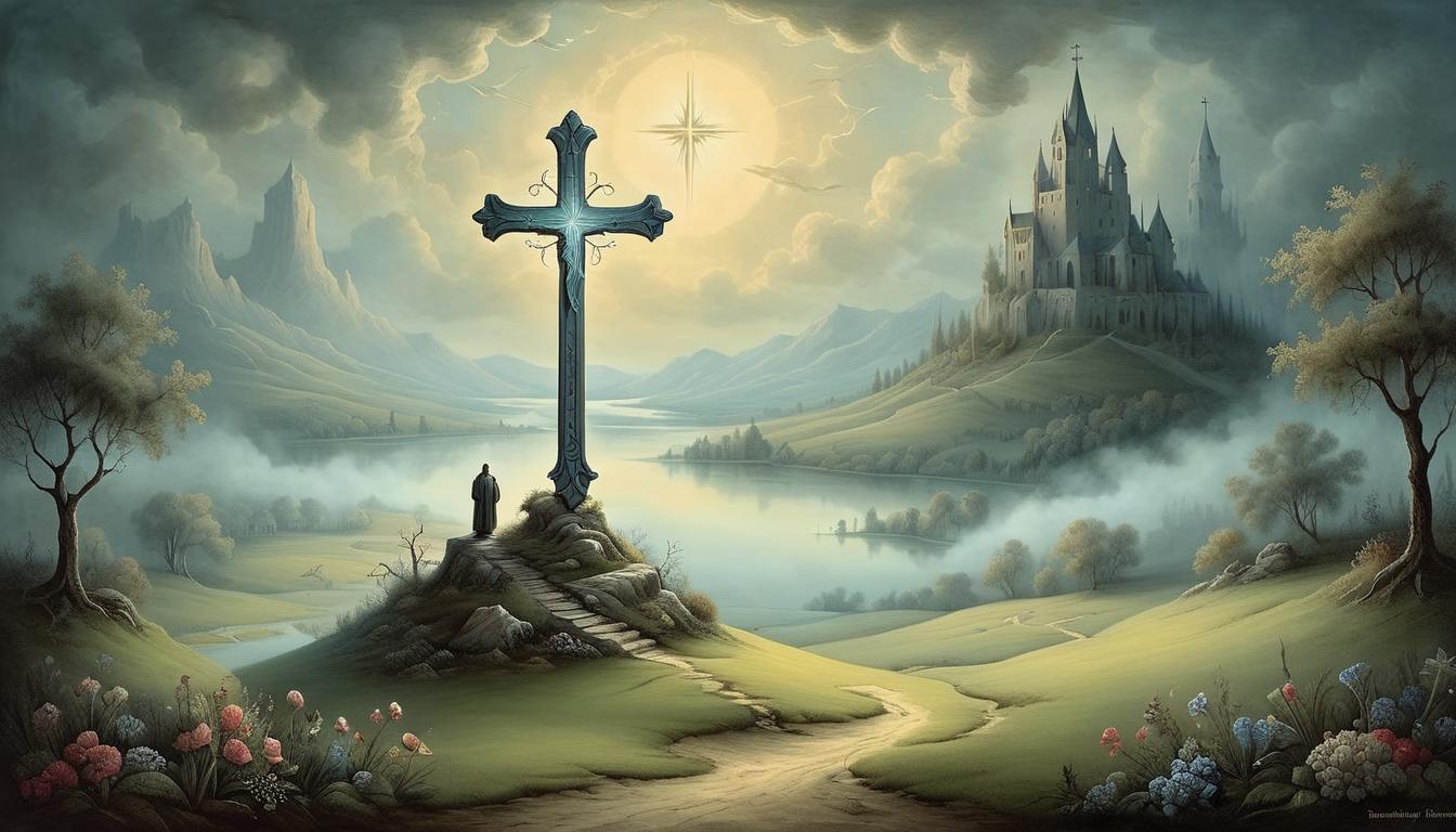  on parchment, surrealism+++, a glowing cross casting soft light over a peaceful landscape, tranquility, divine blessings(mysterious, provocative, symbolic,muted color)+++