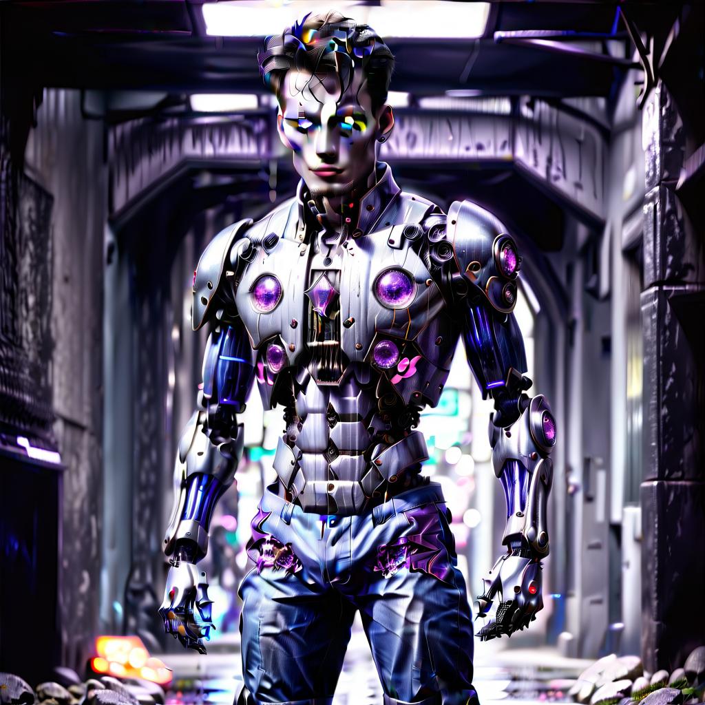  macabre style full length photo, gray robot man, blue shorts, white shirt, bright purple crystals on the back. . dark, gothic, grim, haunting, highly detailed, perfecteyes, hkmagic, glowneon, civitai