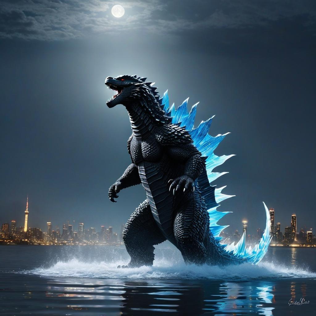  godzilla standing waist deep in water in moonlight, award winning, professional, highly detailed, masterpiece