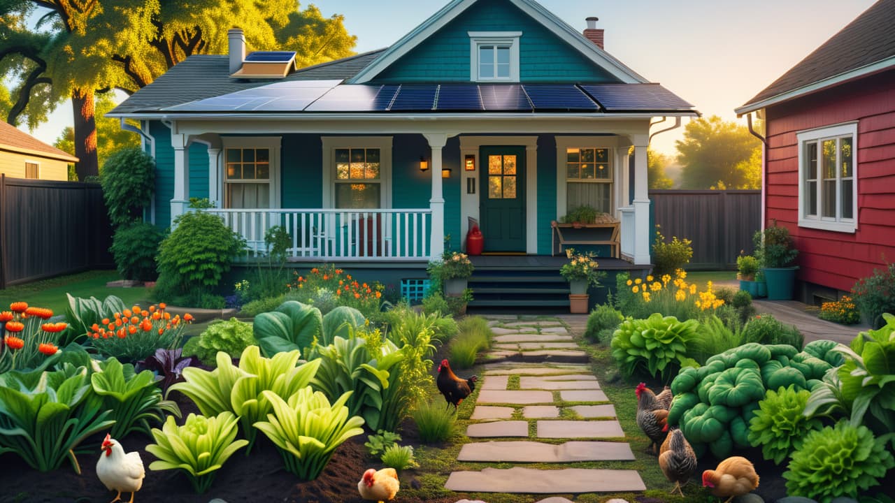  a serene texas urban landscape featuring a small, vibrant garden with vegetables and herbs, a quaint house with a porch, solar panels, chickens, and a rainwater collection system, all under a bright blue sky. hyperrealistic, full body, detailed clothing, highly detailed, cinematic lighting, stunningly beautiful, intricate, sharp focus, f/1. 8, 85mm, (centered image composition), (professionally color graded), ((bright soft diffused light)), volumetric fog, trending on instagram, trending on tumblr, HDR 4K, 8K