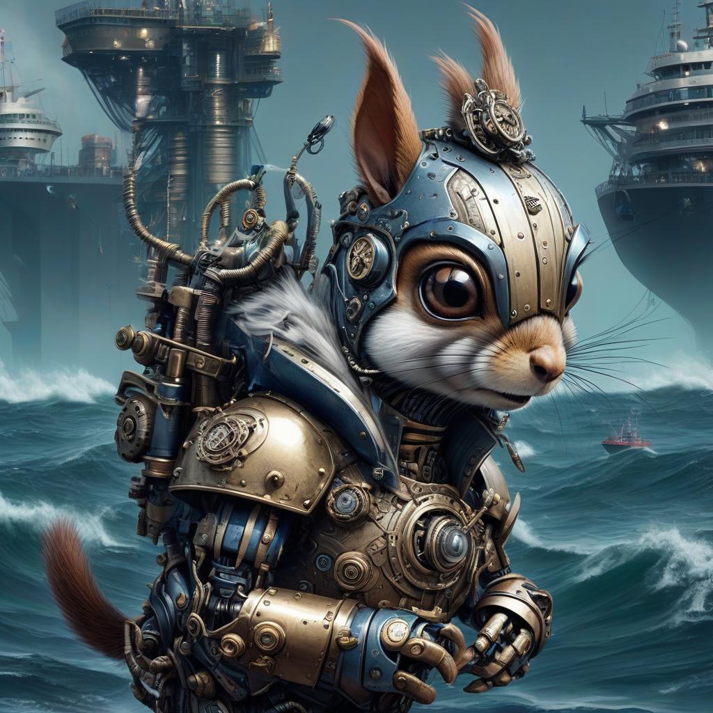  nautical themed cyberpunk, gothic, rococo, robot squirrel. . sea, ocean, ships, maritime, beach, marine life, highly detailed