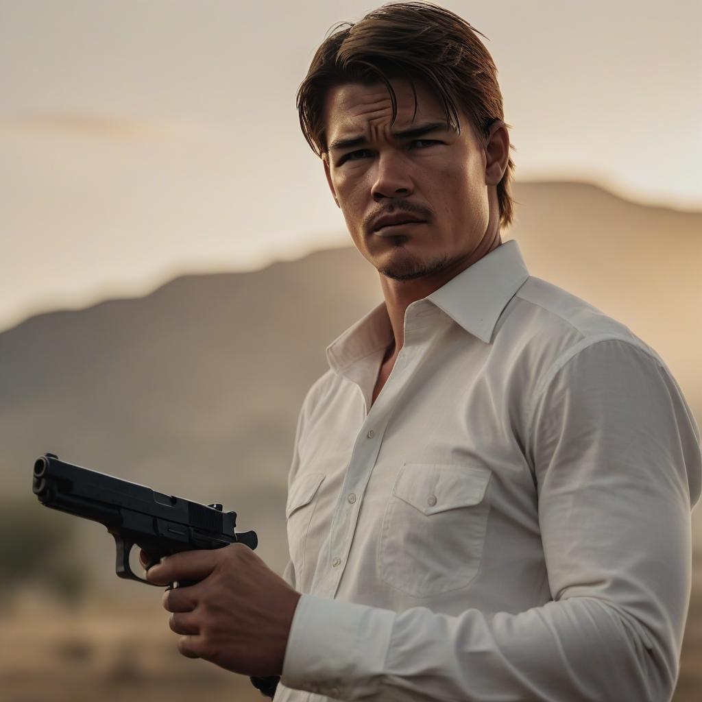  cinematic photo cowboy, josh hartnett, white shirt, with a gun . 35mm photograph, film, bokeh, professional, 4k, highly detailed