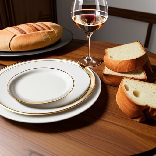  a large wine goblet next to a plate of halal bread hyperrealistic, full body, detailed clothing, highly detailed, cinematic lighting, stunningly beautiful, intricate, sharp focus, f/1. 8, 85mm, (centered image composition), (professionally color graded), ((bright soft diffused light)), volumetric fog, trending on instagram, trending on tumblr, HDR 4K, 8K