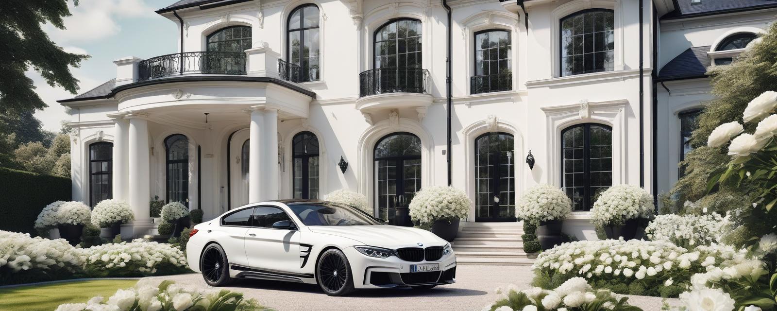  classic white luxury mansion, large black metal framed windows, beautiful front garden with white flowers, , luxury car bmw, elegant and timeless architecture, highly detailed, very sharp and realistic