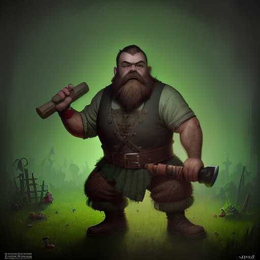  bearded dwarf with a wooden hammer against a green lawn, dark , creepy , blood , monsters , by jason engle , carlos huante , charlie bowater , simon lee , brom