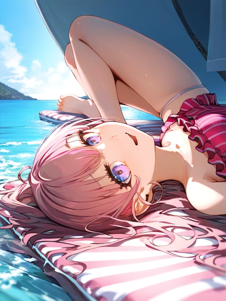  ultra detailed:1.2,masterpiece:1.2,best quality,masterpiece,bestquality,hdr:1.1,8k:1.1,very cute girl:1.3,(pink color,frill ,swimwear:1.6),(lying on side,at striped float bed on sea:1.8) ,smile:1.4 ,(blonde hair,twin tail,drill hair:1.3) ,(on the sea:1.7),cowboy shot:1.3,dutch angel:1.5,open mouth,(upside down:1.7)(from above:1.1)((eyes highlight:1.1))