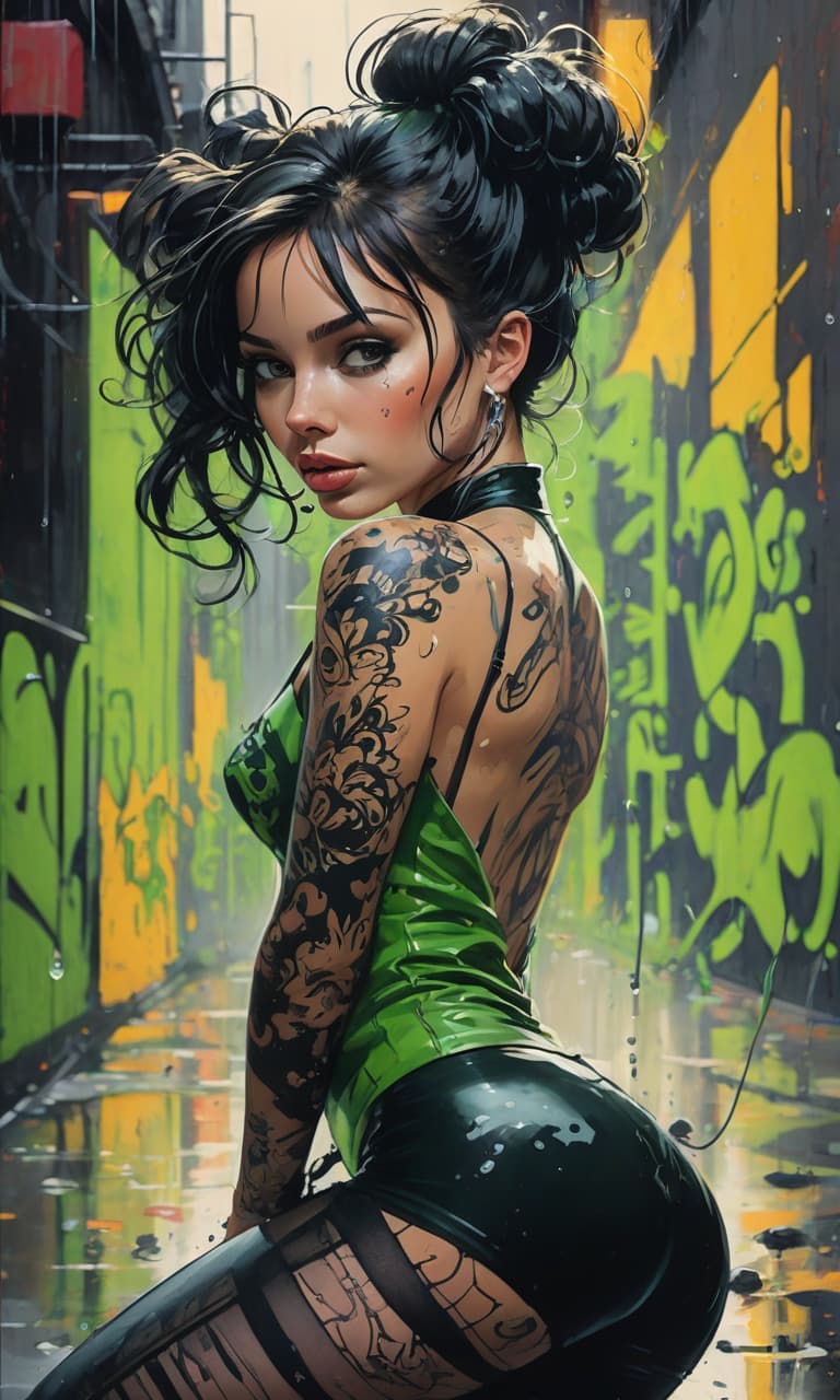  graffiti style hard black cool green, cgi render, made of 3::color fancy, swirling ink in water, swirling smoke, swirling splashing paint, swirling blown gl, art by diego dayer, photograph, art by egon schiele, 4k, young sophie marceau humanoid cat , negligee blonde hair bun, very beautiful, s, kneeling, short hair, black straight bangs, outside, night, rain, full, eyes closed, mouth slightly open, long earrings, stockings with garters, , lots of details, highly detailed image, photorealism, , black stockings, s, , fashion, beautiful body, pleasant pain, sweet moan, breathing fast, anguish, very beautiful . street art, vint, urban, detailed, tag, mural