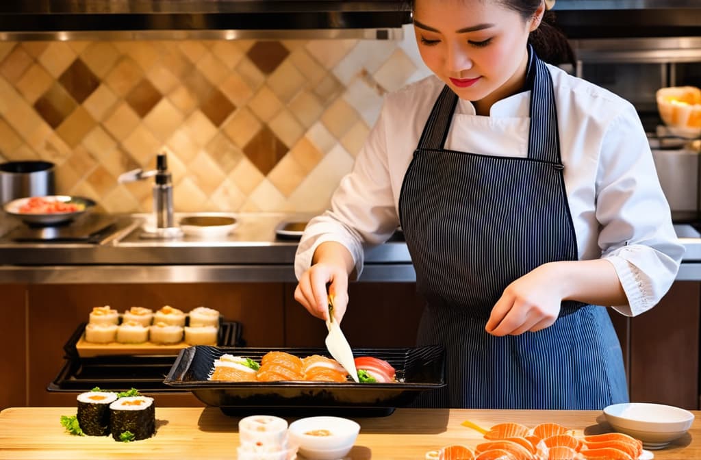  adult japanese woman cook in restaurant kitchen preparing sushi ar 3:2 {prompt}, maximum details