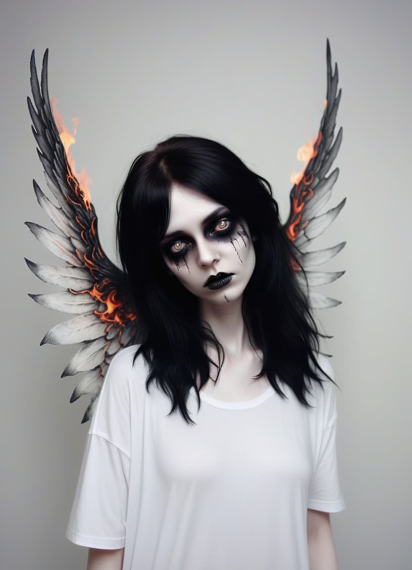  macabre style make her a fallen angel, she grows wings covered with fire . dark, gothic, grim, haunting, highly detailed