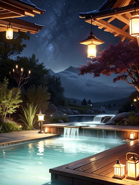  master piece, best quality, ultra detailed, highres, 4k.8k, Young ., Enjoying the open air ., Relaxed and carefree., BREAK Innocence and night ing., Outdoor hot spring., Hot spring water, lanterns, trees, towel., BREAK Peaceful and tranquil., Soft moonlight, steam rising from the hot spring., IceMagicAI,GemstoneAI