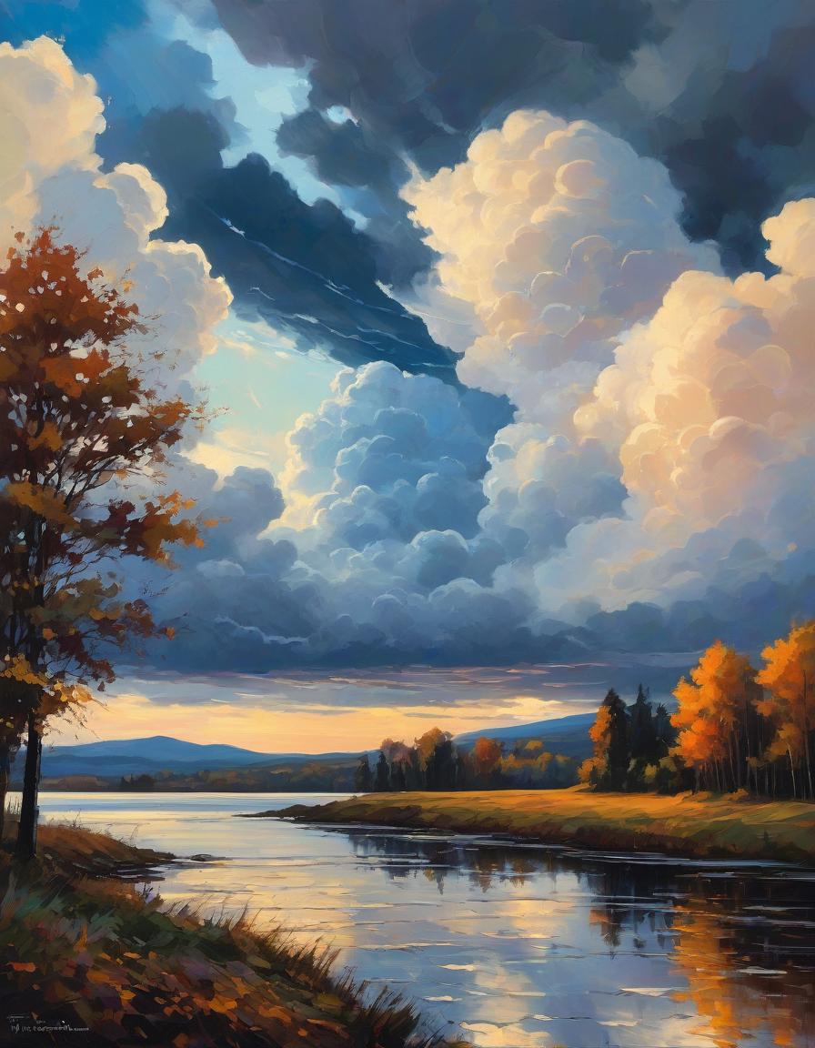  dramatic. mammatus thunderclouds (bumpy, pouch like protuberances in dramatic shapes).horizon line, clear sky above. wide shot, looking upwards. dramatic sunlight with contrasting shadows. foreground silhouetted landscape, oil palette knife painting, canvas, autumn landscape, lake, falling autumn leaves, fantasy, muted shades of colors, gothic aesthetic, beautiful, blue hour, russian impessionism