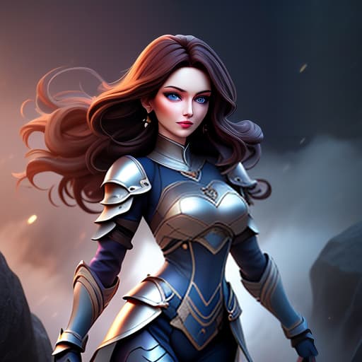  A dark chestnut haired woman with blue eyes and pale skin. She wears a violet technical suit with blue and silver elements of armour. She also wore smooth black boots up to her knees and black bracers. She has dark chestnut hair and pale skin. She has a large bust. hyperrealistic, full body, detailed clothing, highly detailed, cinematic lighting, stunningly beautiful, intricate, sharp focus, f/1. 8, 85mm, (centered image composition), (professionally color graded), ((bright soft diffused light)), volumetric fog, trending on instagram, trending on tumblr, HDR 4K, 8K