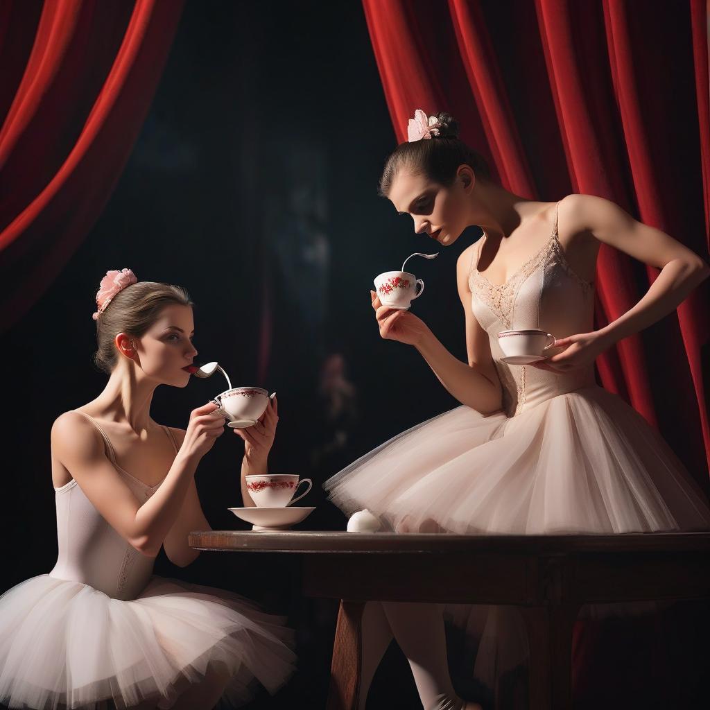  ballerina and opera singer drink tea on the dark stage of the theater against the background of the red curtain