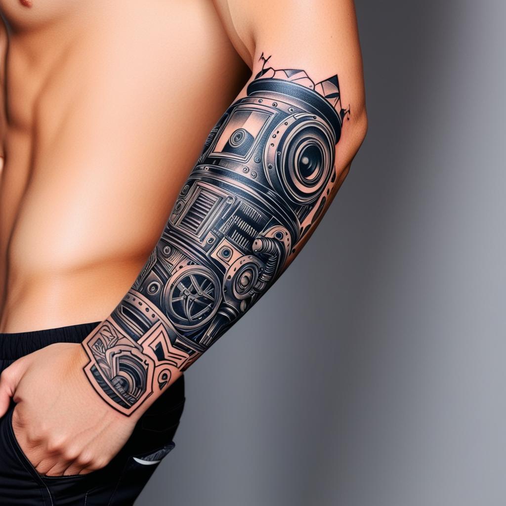  robot arm, (tattoo), (sleeve tattoo design on the arm)