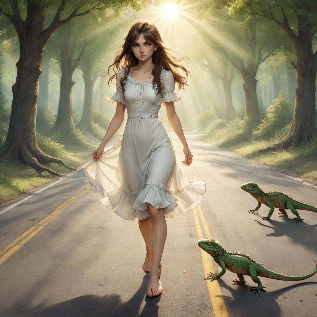  role playing game (rpg) style fantasy a young , slim, brown long hair, green eyes, a white dress with ruffles to the knee, without shoes, lizards run from the legs of the , an asphalt road among the trees, glare of light, the rays of the sun through the trees, lizards . detailed, vint, immersive, reminiscent of high fantasy rpg games, perfecteyes, on parchment