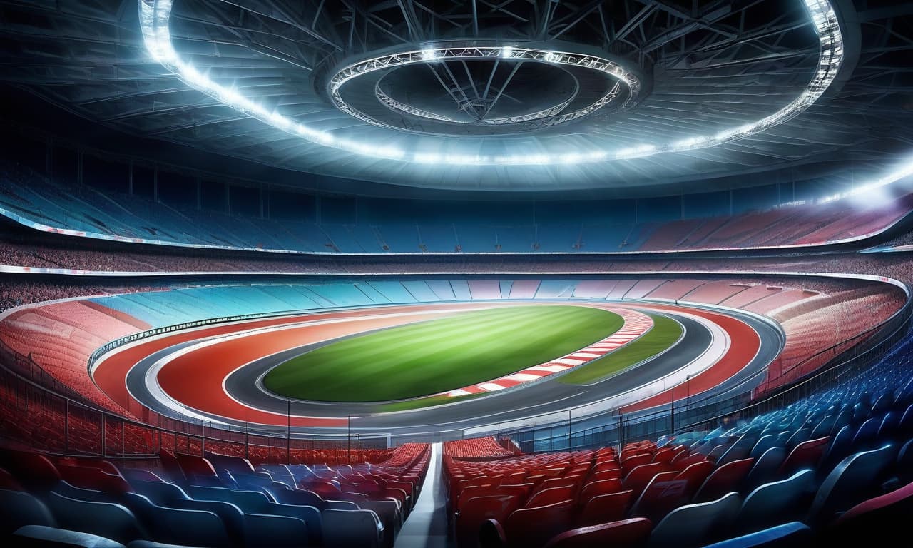  the arena for the battles of cars, racing track, the view from the inside, close up, the stands, view of the stands from the bottom up, floodlights, bright colors, pure colors