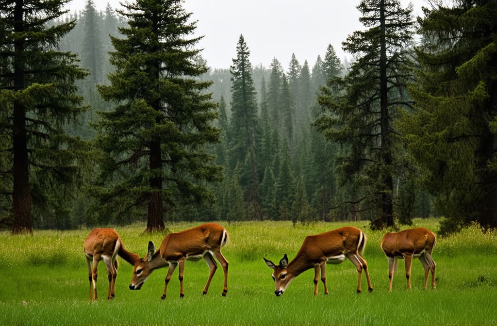  professional detailed photography, a group of deer grazing on a green pasture near towering pines in a forest landscape ar 3:2, (muted colors, dim colors, soothing tones), (vsco:0.3)