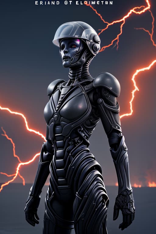  book cover: a beauty girls in a black exoskeleton wearing a helmet, standing with his arms crossed over his chest. very detailed and detailed model. the confrontation of red fire and blue lightning. background, an alien city