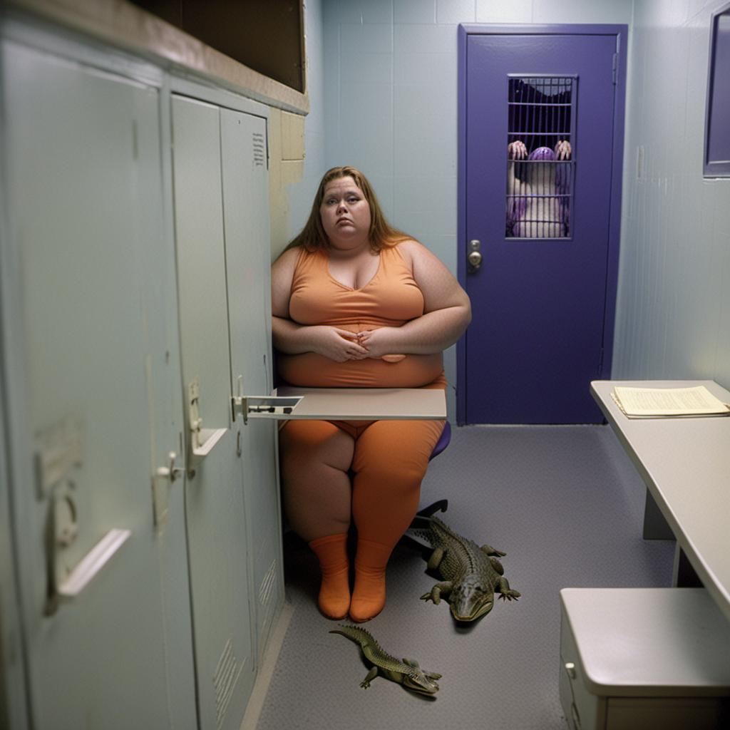  overweight fully dressed female prisoner sitting at desk in dismal purple cell in florida with hideous alligators behind her