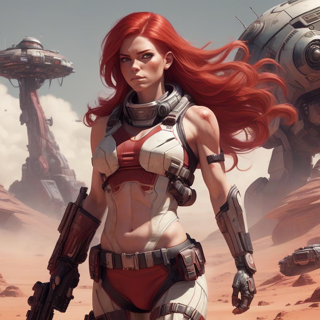  draw a full length female character, athletic build, red hair, the character lives on a distant colonized planet, specialization mercenary