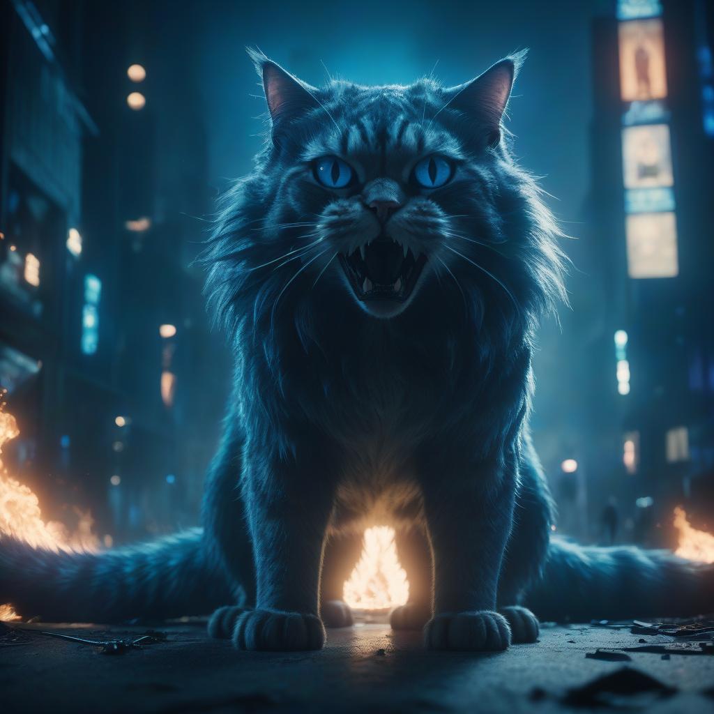  cinematic film still a very large two tailed evil cat looks at the person standing in front of it, blue lights are burning around, and chaos and devastation are everywhere . shallow depth of field, vignette, highly detailed, high budget, bokeh, cinemascope, moody, epic, gorgeous, film grain, grainy