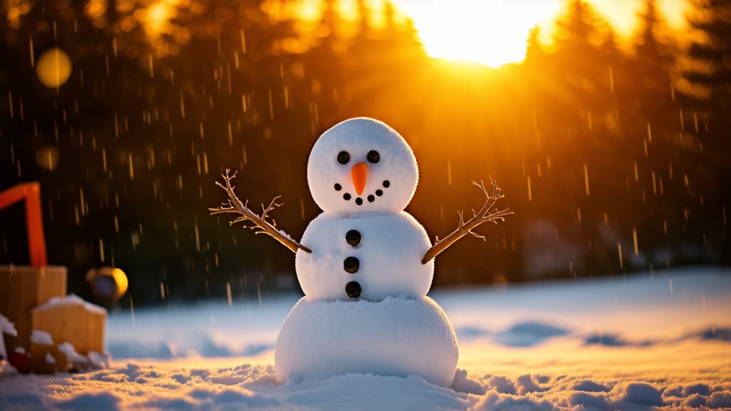  cinematic film style, snowman standing in snow, sunset light, snowman with carrot nose. snow falling in background ar 16:9, shallow depth of field, vignette, maximum details, high budget hollywood movie, bokeh, cinemascope, moody, epic, gorgeous, sun rays and shadows on furniture and surfaces, flattering light, raw photo, photography, photorealistic, 8k resolution, f1.4, sharpened focus, sharp focus