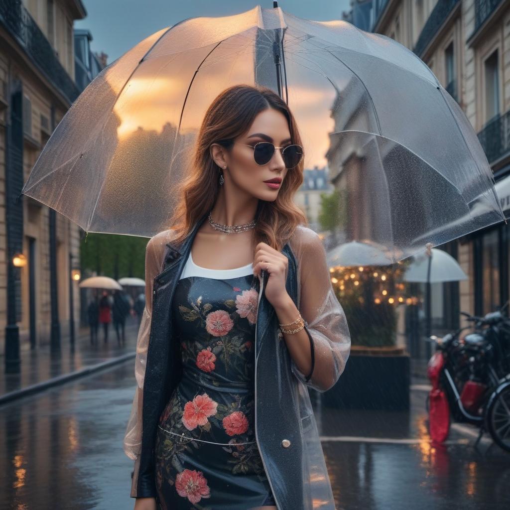  Beautiful urban landscape, streets of Paris, rain, reflections in puddles hyperrealistic, full body, detailed clothing, highly detailed, cinematic lighting, stunningly beautiful, intricate, sharp focus, f/1. 8, 85mm, (centered image composition), (professionally color graded), ((bright soft diffused light)), volumetric fog, trending on instagram, trending on tumblr, HDR 4K, 8K