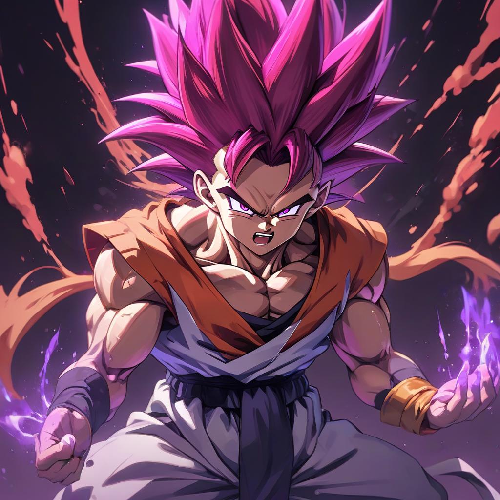  a close up of a person on a purple background, gogeta, dark nature background, super scale rendered, by ryūsei kishida, black crown, epic lighting, big bad, red aura, dark artslabcoats, character is standing, very clean art, very clear image