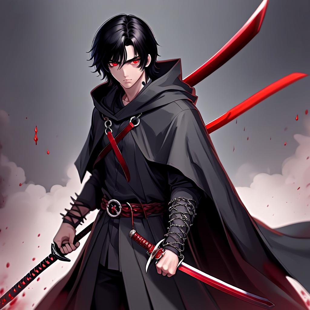  black haired guy about 17, brown eyes, slight paleness. in a cloak on an iron chain clasp. he has a katana weapon with a blood red blade