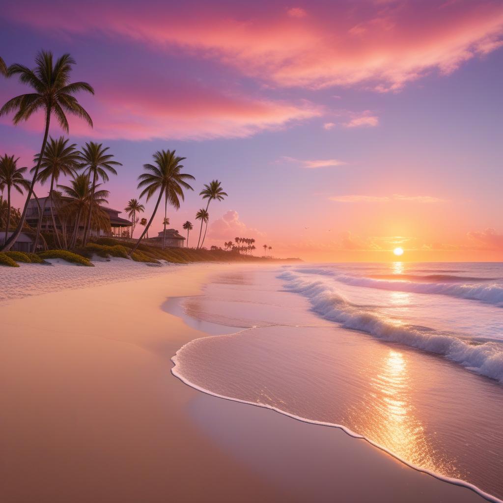  A beautiful sunset over a serene beach. The sky is a gradient of warm colors - orange, pink, and purple, with the sun partially hidden behind the horizon. Gentle waves are lapping at the shore, and there are a few seagulls flying in the distance. The beach is lined with palm trees, and their silhouettes are visible against the colorful sky. hyperrealistic, full body, detailed clothing, highly detailed, cinematic lighting, stunningly beautiful, intricate, sharp focus, f/1. 8, 85mm, (centered image composition), (professionally color graded), ((bright soft diffused light)), volumetric fog, trending on instagram, trending on tumblr, HDR 4K, 8K